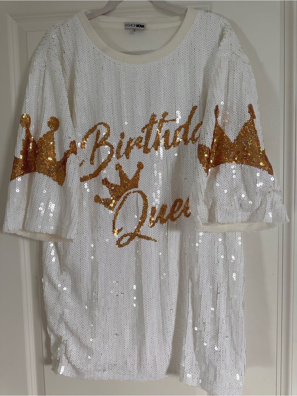 White "Birthday Queen" Sequin Party shirt dress - Picture 2 of 7